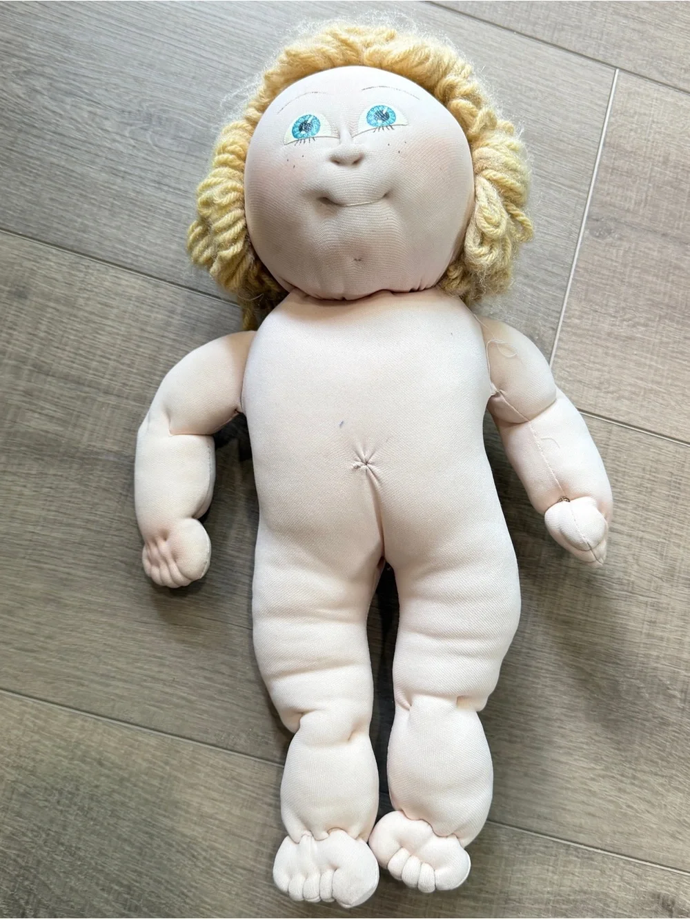 Vintage Cabbage Patch Boy Doll Blonde Curly Hair Blue Eyes Overalls Music Box